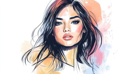 Stylish hand drawn portrait of an attractive young woman model showcasing elements of fashion beauty and graphic design in a sketch format