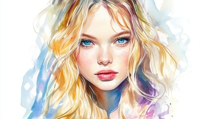 Fototapeta premium Watercolor portrait of young blonde women skillfully illustrated on a white background capturing a stylish and artistic fashion essence