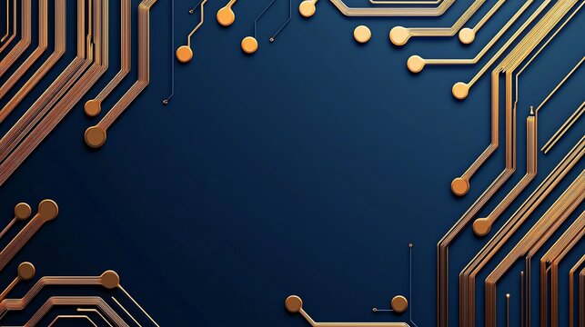 Abstract blue and gold circuit board design with lines and dots forming a futuristic technology background pattern.