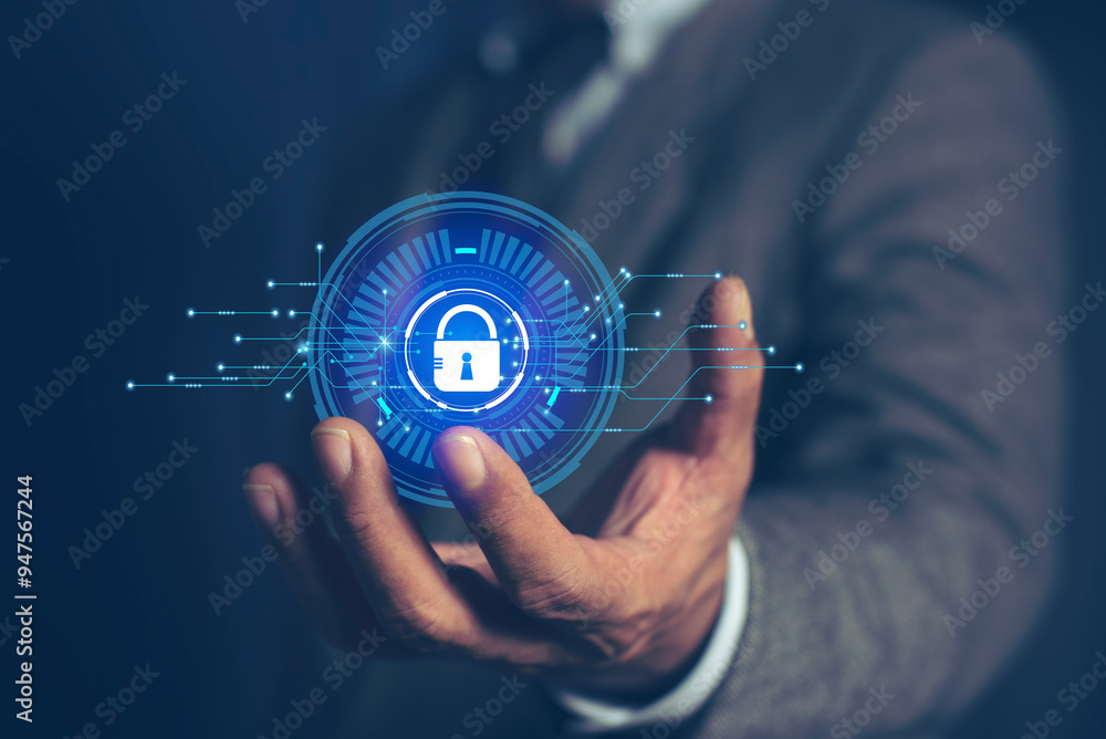 Poster businessman holding padlock icon and internet technology networking. protecting data personal inform