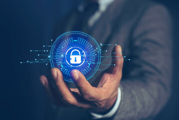 Businessman holding Padlock icon and internet technology networking. protecting data personal information. privacy security. Data protection privacy. Cyber security network. GDPR