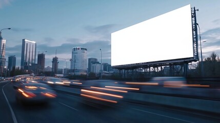 Large White Billboard on Highway with Motion Blur Cars and Long Exposure City Background