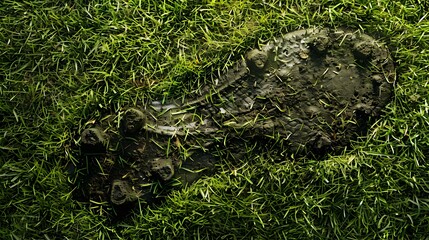 Grass texture with a football boot print after a powerful kick.
