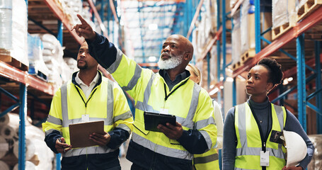 Warehouse, inventory and people with tablet in discussion for inspection checklist, export or update. Dropshipping, meeting and work with tech by shelf for supply chain, plan or operations management