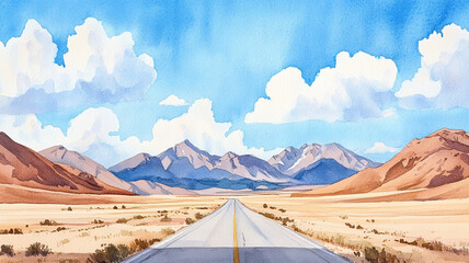 A scenic watercolor painting of desert highway stretching towards majestic mountains under bright blue sky with fluffy clouds.