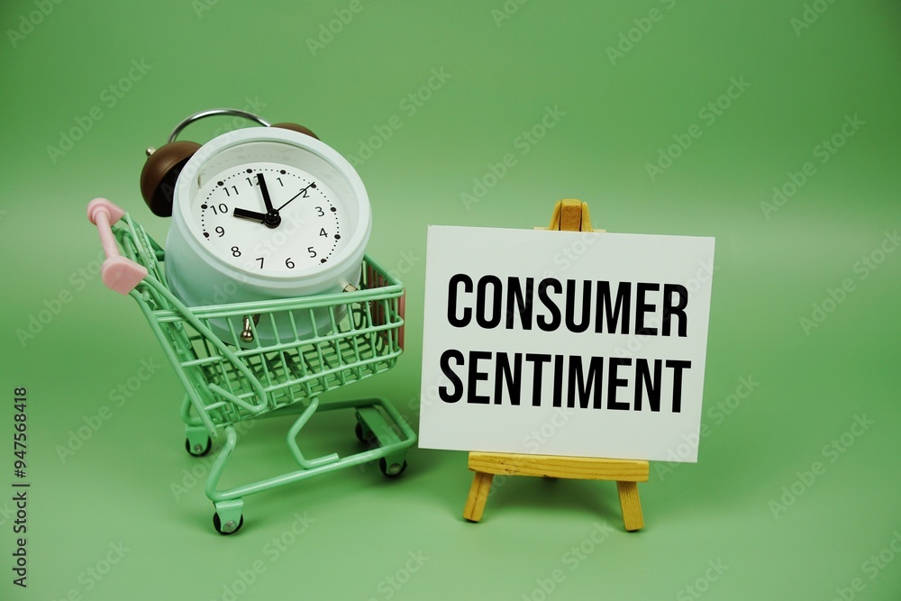 Poster consumer sentiment text message on paper card with alarm clcok and trolley shopping cart on green ba