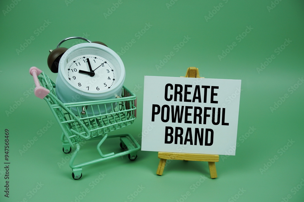 Poster create powerful brand text message on paper card with alarm clcok and trolley shopping cart on green