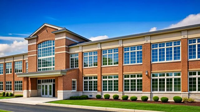 Modern brick school building with large windows.