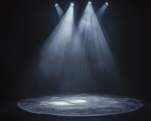 Dramatic stage lighting with focused spotlights casting beams of light onto an empty stage, creating a moody atmosphere.
