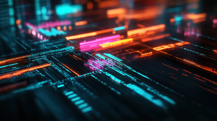 Obraz premium Digital visualization of vibrant data streams in neon colors, showcasing dynamic web of information.