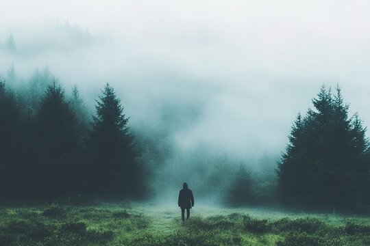 Misty forest with solitary figure walking away