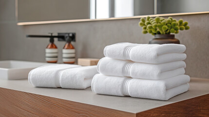 White terry towels lie on a wooden bedside table near the washbasin in the bathroom