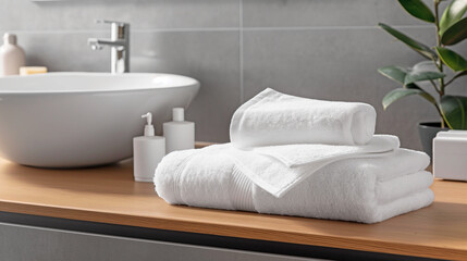 White terry towels lie on a wooden bedside table near the washbasin in the bathroom
