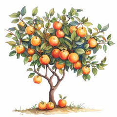 A colorful, whimsical illustration of a fully-laden orange tree. The tree has a thick trunk and many branches full of ripe, orange fruits. The ground is covered in a few fallen oranges