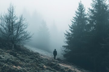 Obraz premium Person in misty forest exudes solitude and mystery