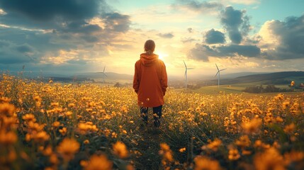 Fototapeta premium Woman in a Field of Flowers at Sunset with Wind Turbines