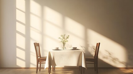 Simple dining table with two chairs, a white tablecloth, and a single vase with flowers