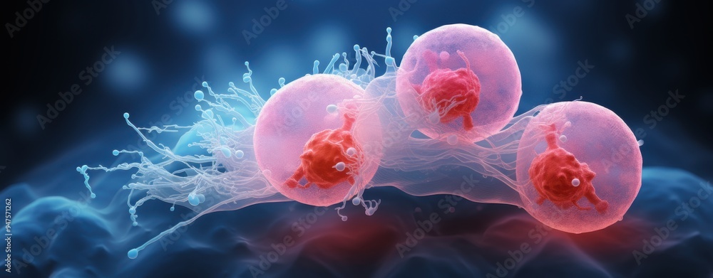 Poster the process of cancer cell division is shown in a 3d virtual image using a microscope.