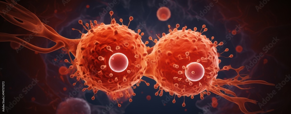 Poster the process of cancer cell division is shown in a 3d virtual image using a microscope.
