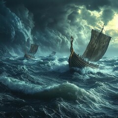 Viking longships navigating through a tempestuous sea, with massive waves and a stormy sky, capturing the epic scale of their journey
