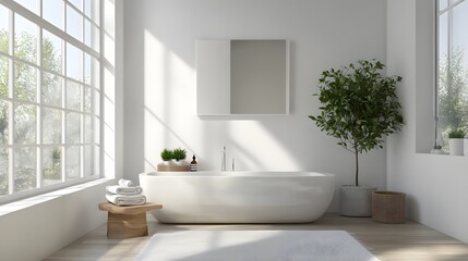 Fototapeta premium Minimalist bathroom with clean lines, a white sink, and natural light