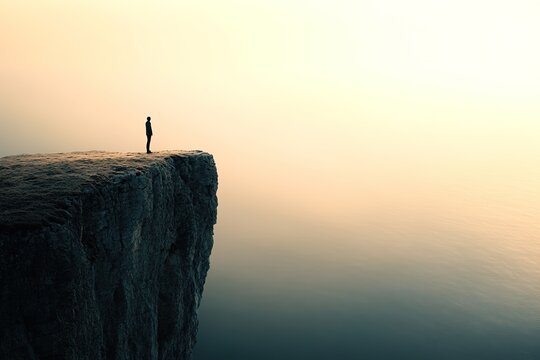 Person standing on cliff edge in misty landscape - Powered by Adobe
