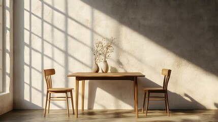 Simple dining setup with a wooden table, two chairs, and a single vase