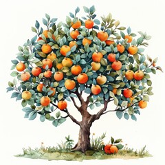 A watercolor illustration of an orange tree overflowing with fruit, depicted in a childrens book style. The tree is detailed with green leaves and vibrant orange fruit, set against a white background