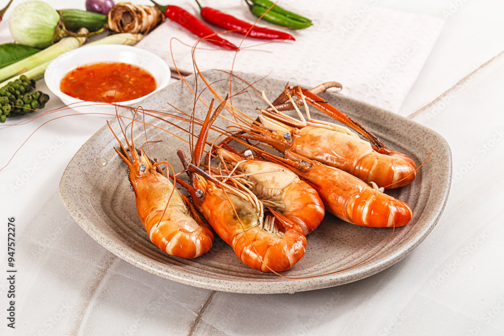 Wall mural boiled tiger prawn with sauce