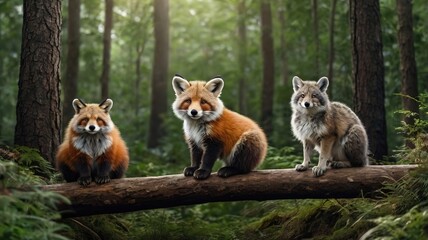 Fototapeta premium Cute fox, in a lush green forest setting.