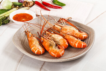 Boiled tiger prawn with sauce