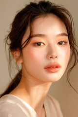 Naklejka premium portrait of a young beautiful korean woman with perfect skin