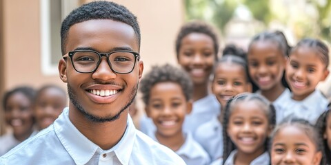 Young African-American Teacher with glasses and 4th grade class of students smiling at the camera. Back to school concept