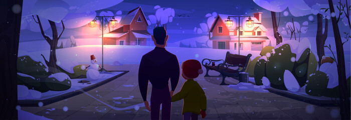 Father and son in night winter neighborhood street background. Walking man back in holiday countryside scene. Parent hold kid hand. Dark December village with building in distance view with lantern