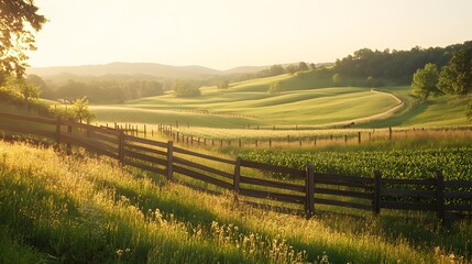 Fototapeta premium Lush Organic Farm with Rolling Green Hills Rows of Flourishing Crops Rustic Wooden Fences and Sun Dappled Meadows in a Cinematic Countryside Landscape with Classic Golden Hour Lighting