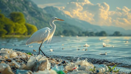 A white heron walks on a lake shore covered in plastic waste.