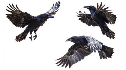Fototapeta premium Halloween set clipart, eerie ravens in flight, dark wings spread, isolated on white background