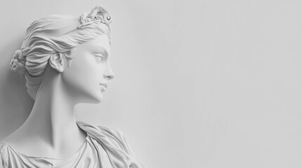 Woman's antique statue on the right side with copy space, solid color background, grey  color theme, elegance and beauty