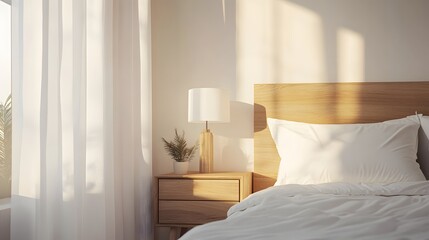 Minimalist bedroom with white bedding, a wooden nightstand, and a single lamp