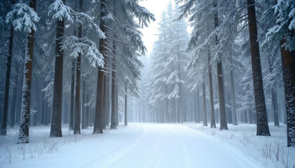 Serene winter scene of a dense forest covered in freshly fallen snow