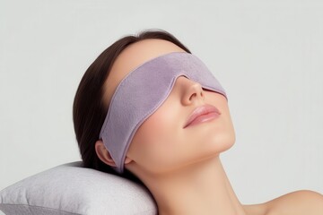 A woman relaxes with a soft eye mask on her face, promoting calmness and comfort in a serene environment.