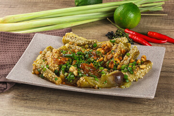 Asian cuisine baked eggplant with peanut