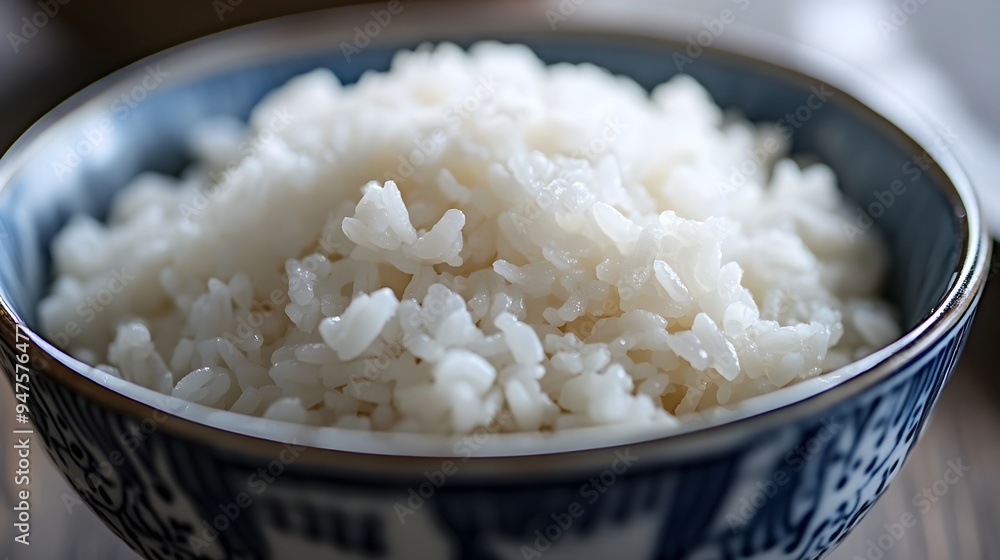 Poster closeup shot of a bowl of warm freshly cooked white rice grains with their individual textures and p