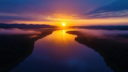 Obraz premium Breathtaking sunset over a serene river, surrounded by misty hills and vibrant sky, creating a peaceful natural landscape.