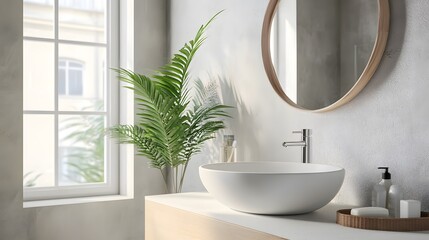 Fototapeta premium Clean bathroom with a white sink, a mirror, and natural light