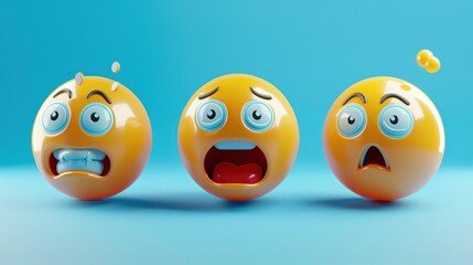 Set of 3D emojis with surprised, happy, and angry faces, leaving space for text, rendered in high resolution,