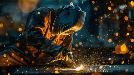 Welder at work welding metals 