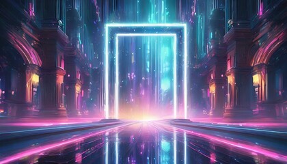 abstract background with neon light, bokeh effect and white frame in the center