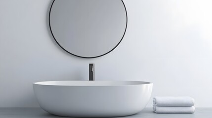 Minimalist bathroom with a white sink, a mirror, and a single towel