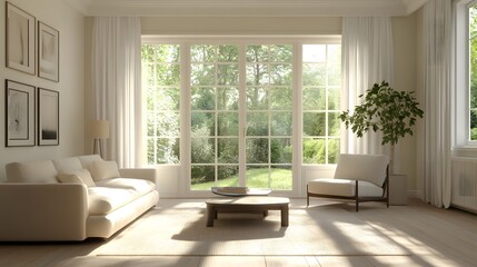 Fototapeta premium A clean, modern living room with neutral tones and minimal decor